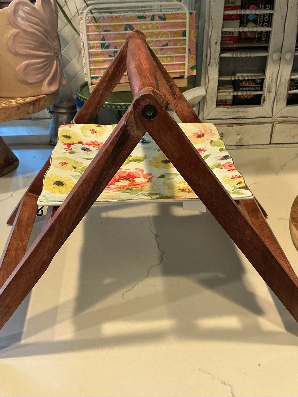 Cost Plus World Market Brown Wooden Folding Magazine Rack with Floral Sling